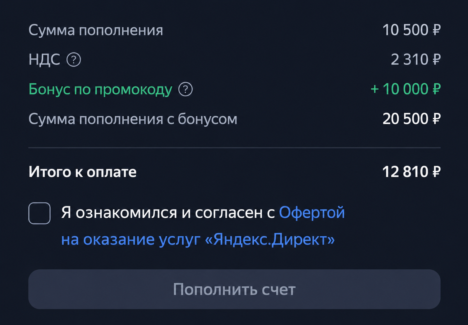 Пополнение счёта Яндекс Директ с бонусом 10 000 ₽ по промокоду